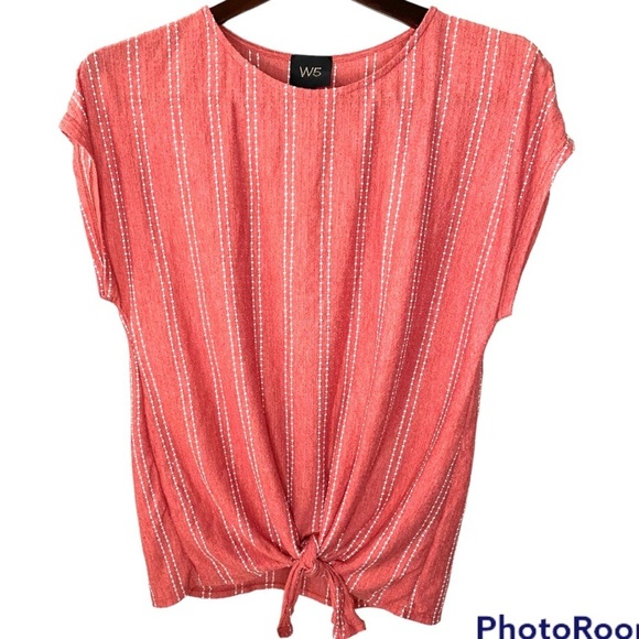 W5 Knit Top Size XL Coral Orange White Stripe Beachy Boho Tie Front - Picture 1 of 7